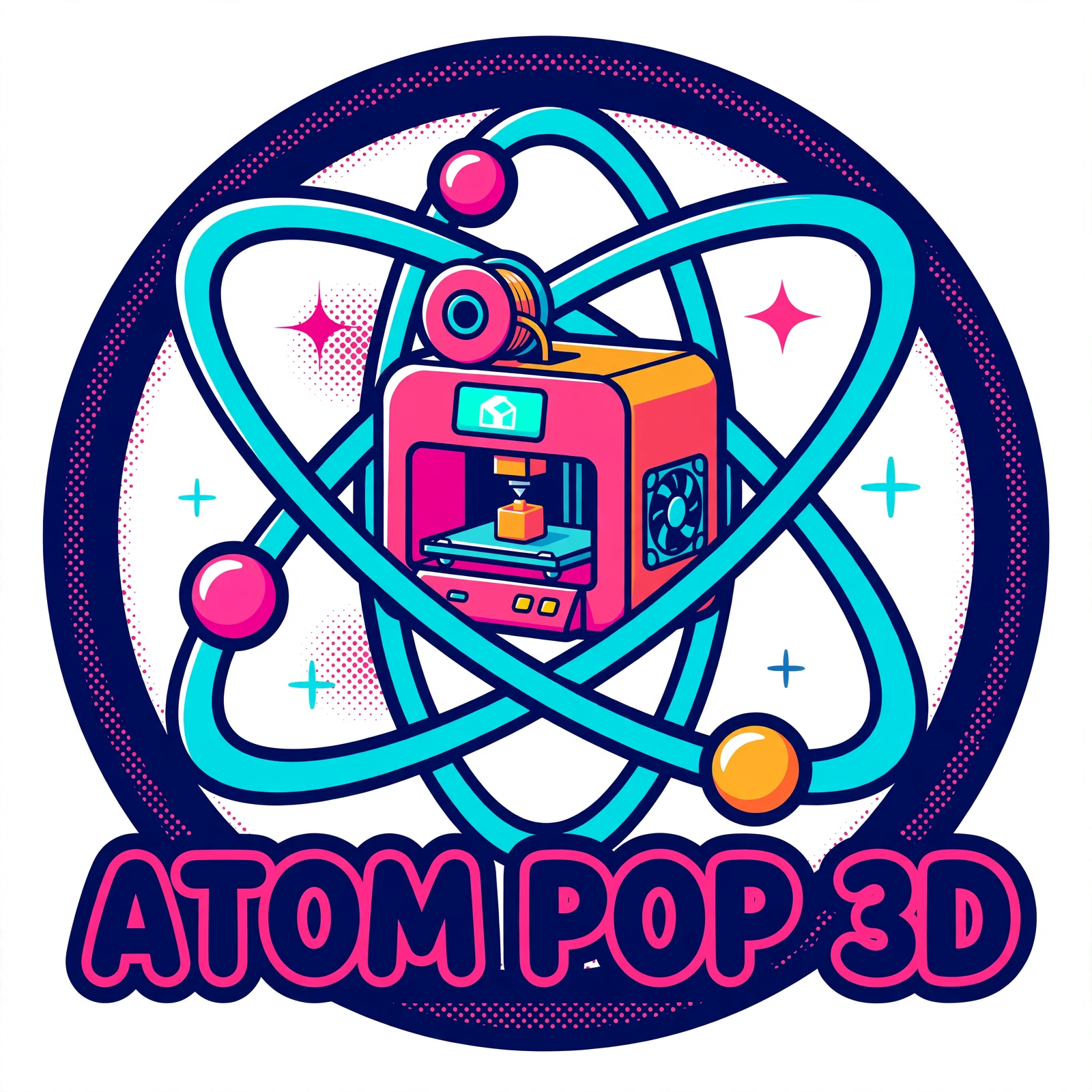 ATOM POP 3D — atom orbits around a 3D printer